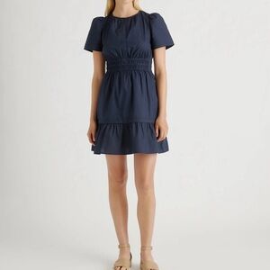 Quince Navy Blue Organic Cotton Tiered Mini Dress sz L Women's Pockets Poplin